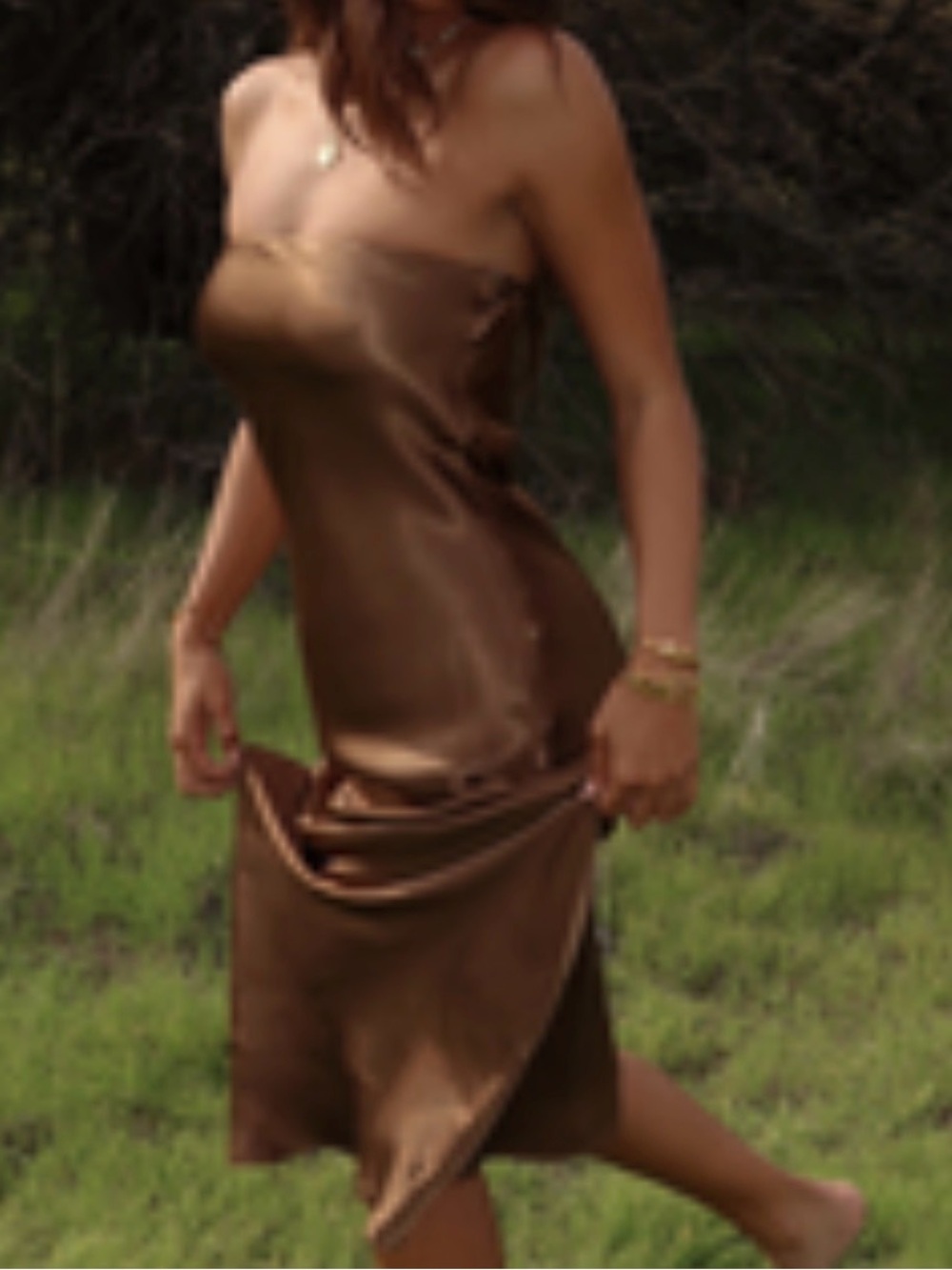 Strapless Brown Satin Slip Midi Dress